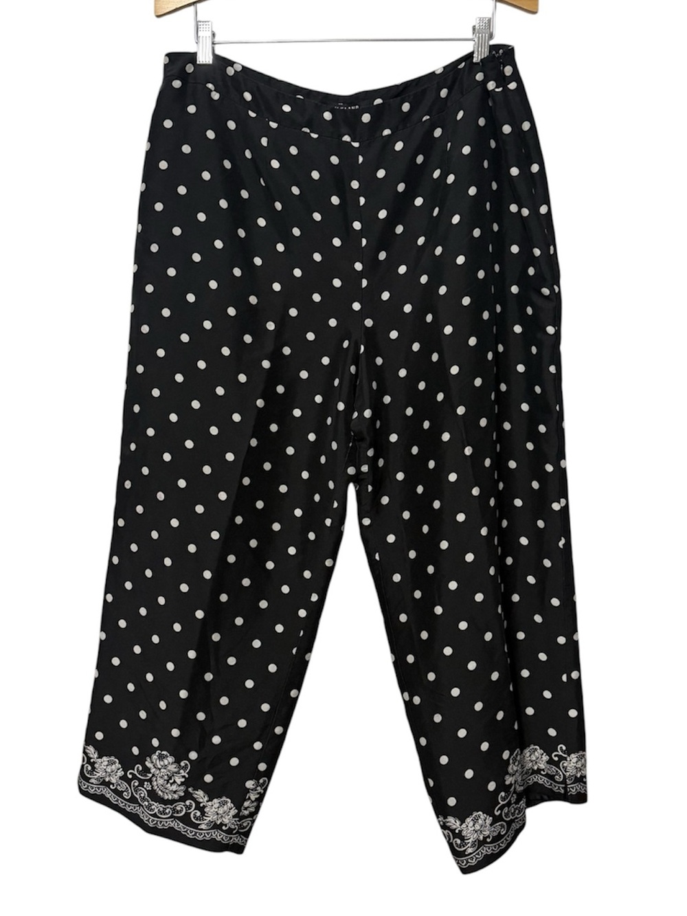 SilkLand Polka Dot Contrast Floral Trim Cropped Pants Women’s Size 16 100% Silk